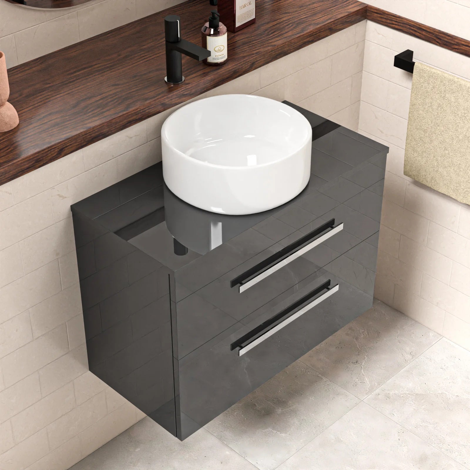 Nanuya 800mm Anthracite Wall Hung Cabinet 2 Drawer With Round Basin and Worktop Set