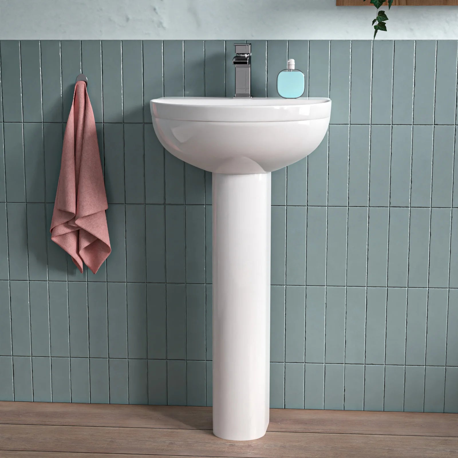 White 450mm Modern Round Edge Full Pedestal Basin