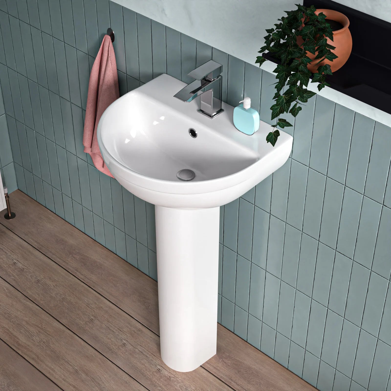 White 450mm Modern Round Edge Full Pedestal Basin