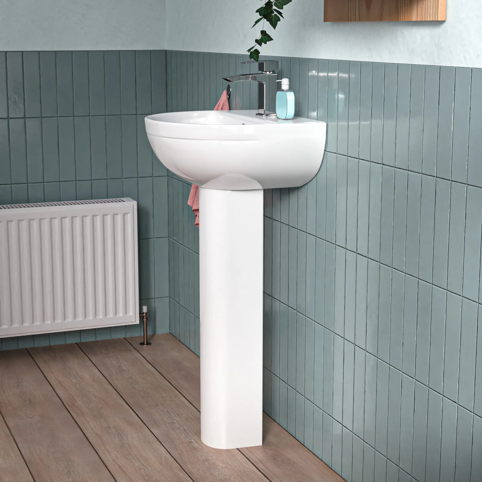 White 450mm Modern Round Edge Full Pedestal Basin