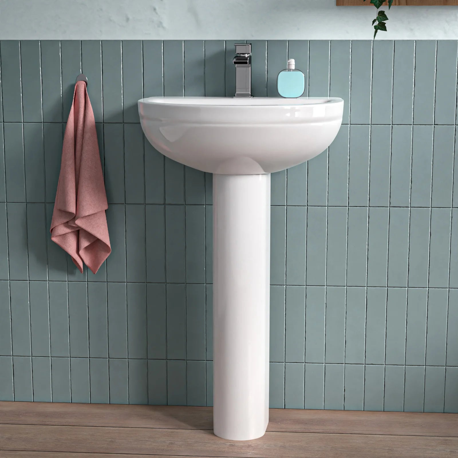 White 500mm Modern Round Edge Full Pedestal Basin