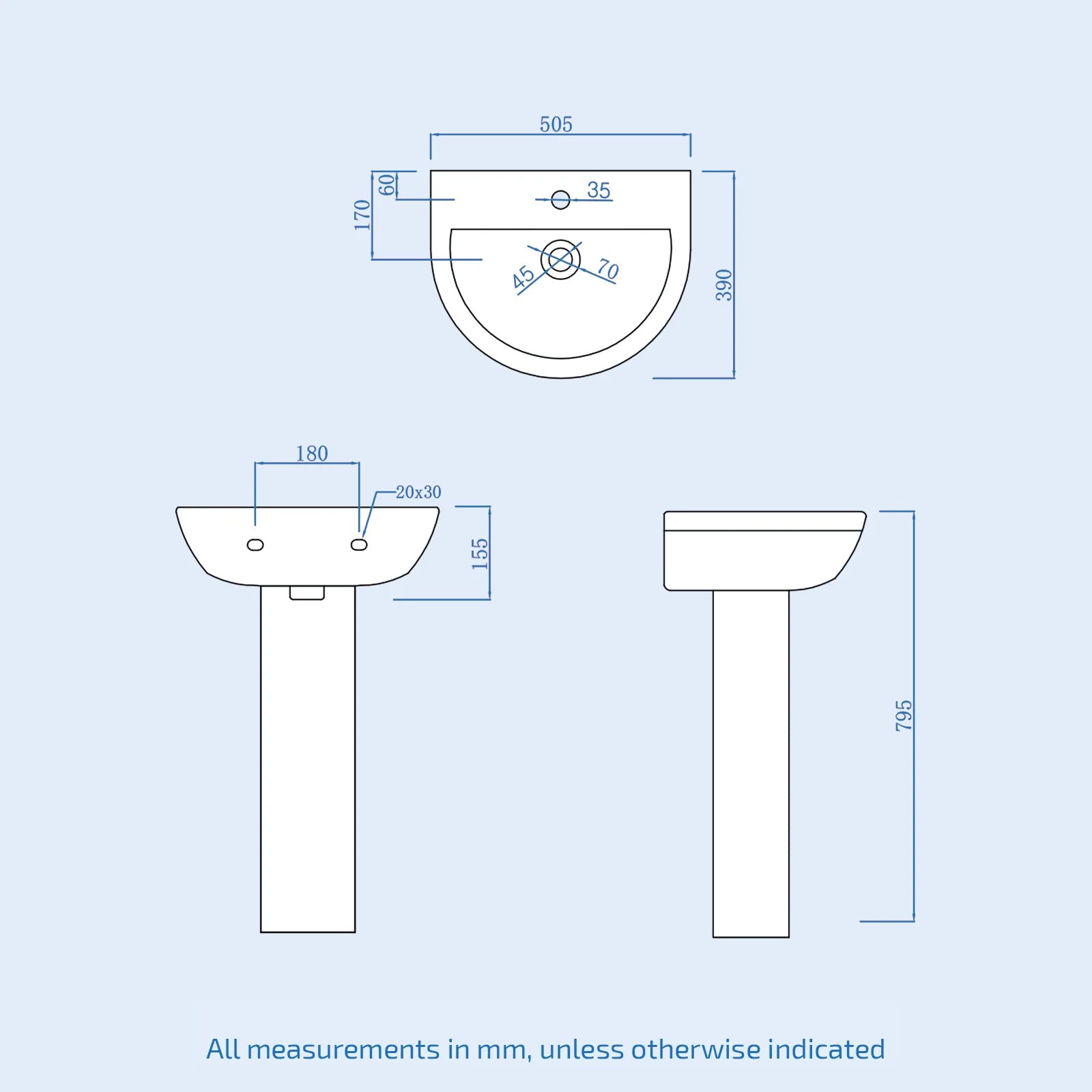 White 500mm Modern Round Edge Full Pedestal Basin