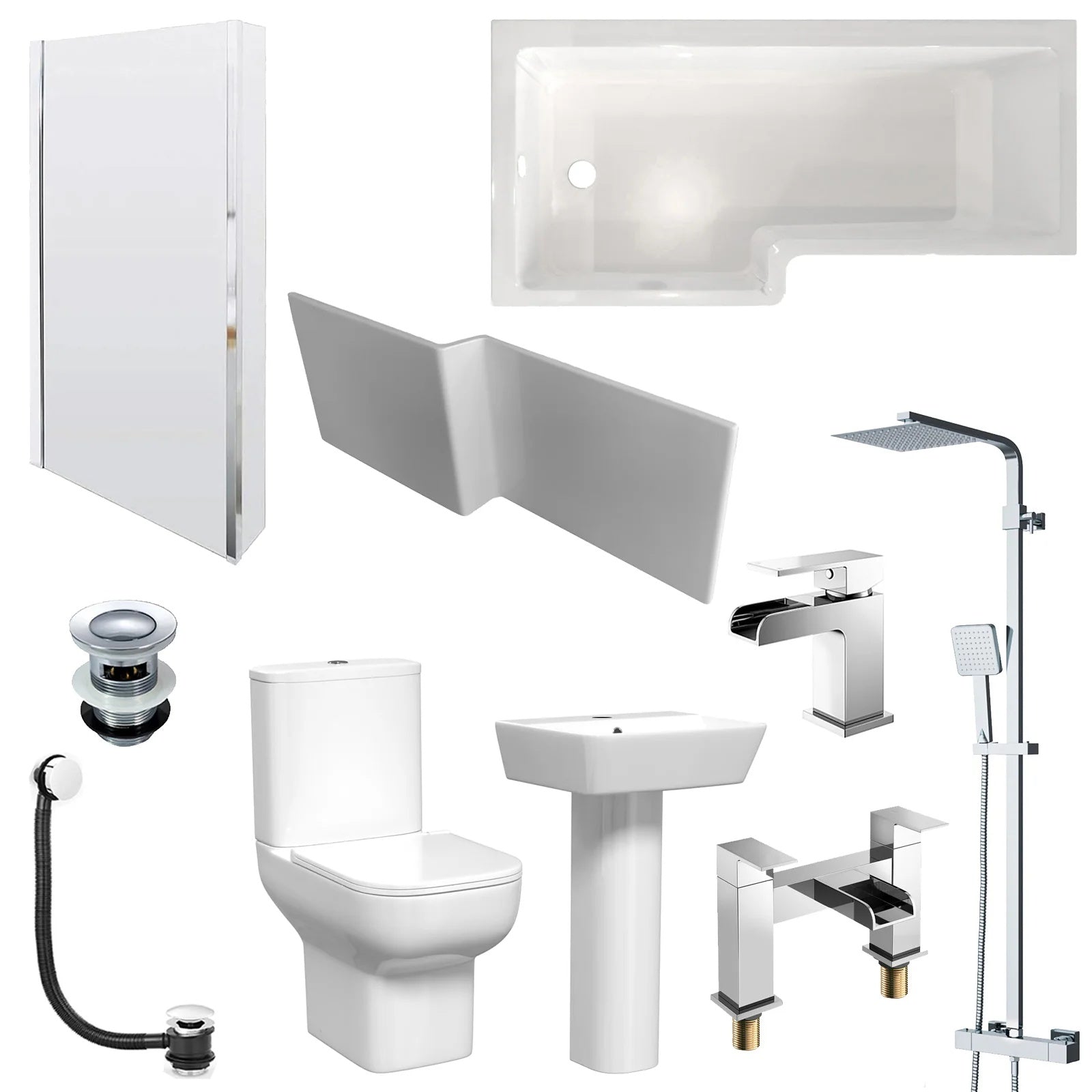 1700mm L-Shaped LH Bath Shower with Front Panel & Screen, 500mm Square Full Pedestal & Toilet - Set with Chrome Fittings