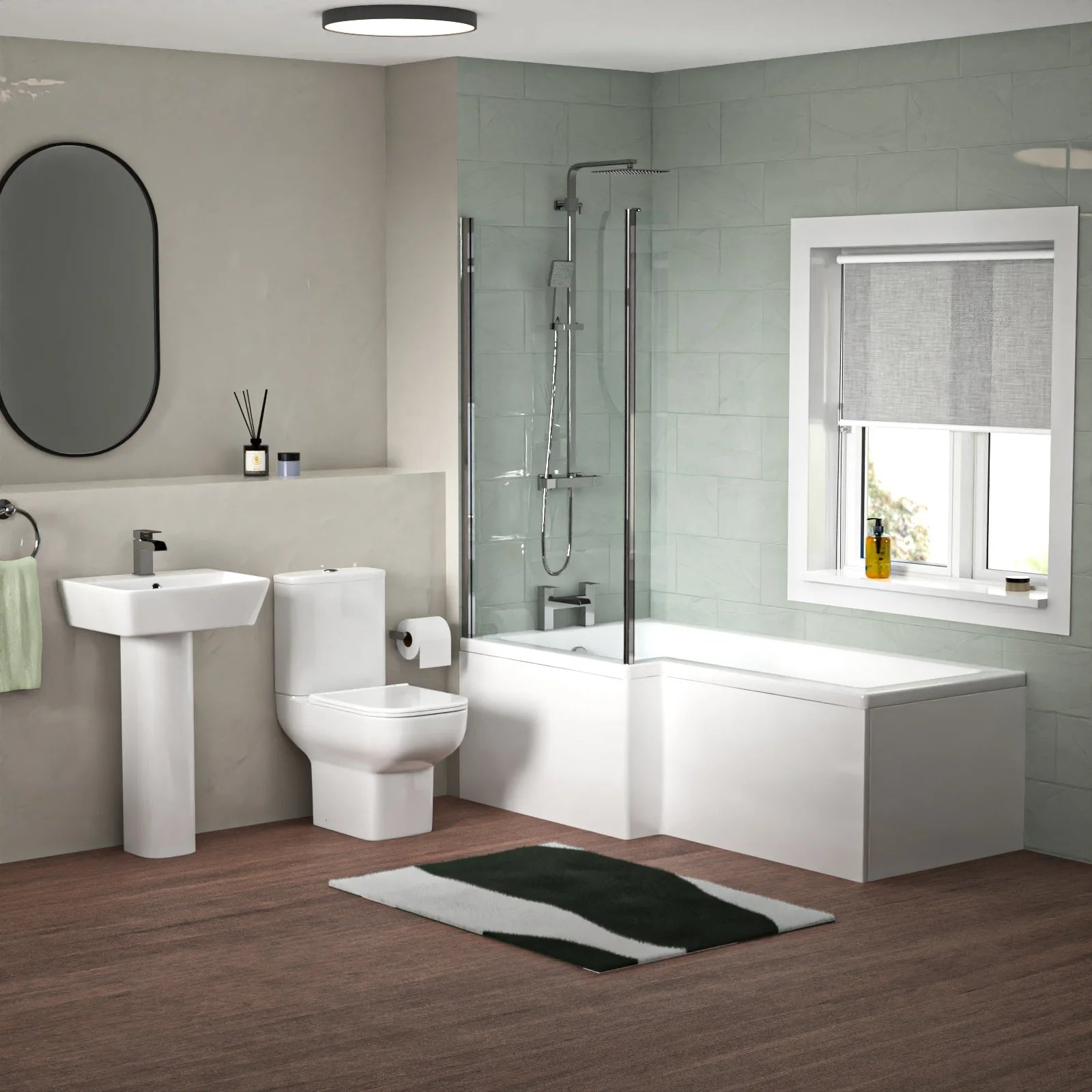 1700mm L-Shaped LH Bath Shower with Front Panel & Screen, 500mm Square Full Pedestal & Toilet - Set with Chrome Fittings
