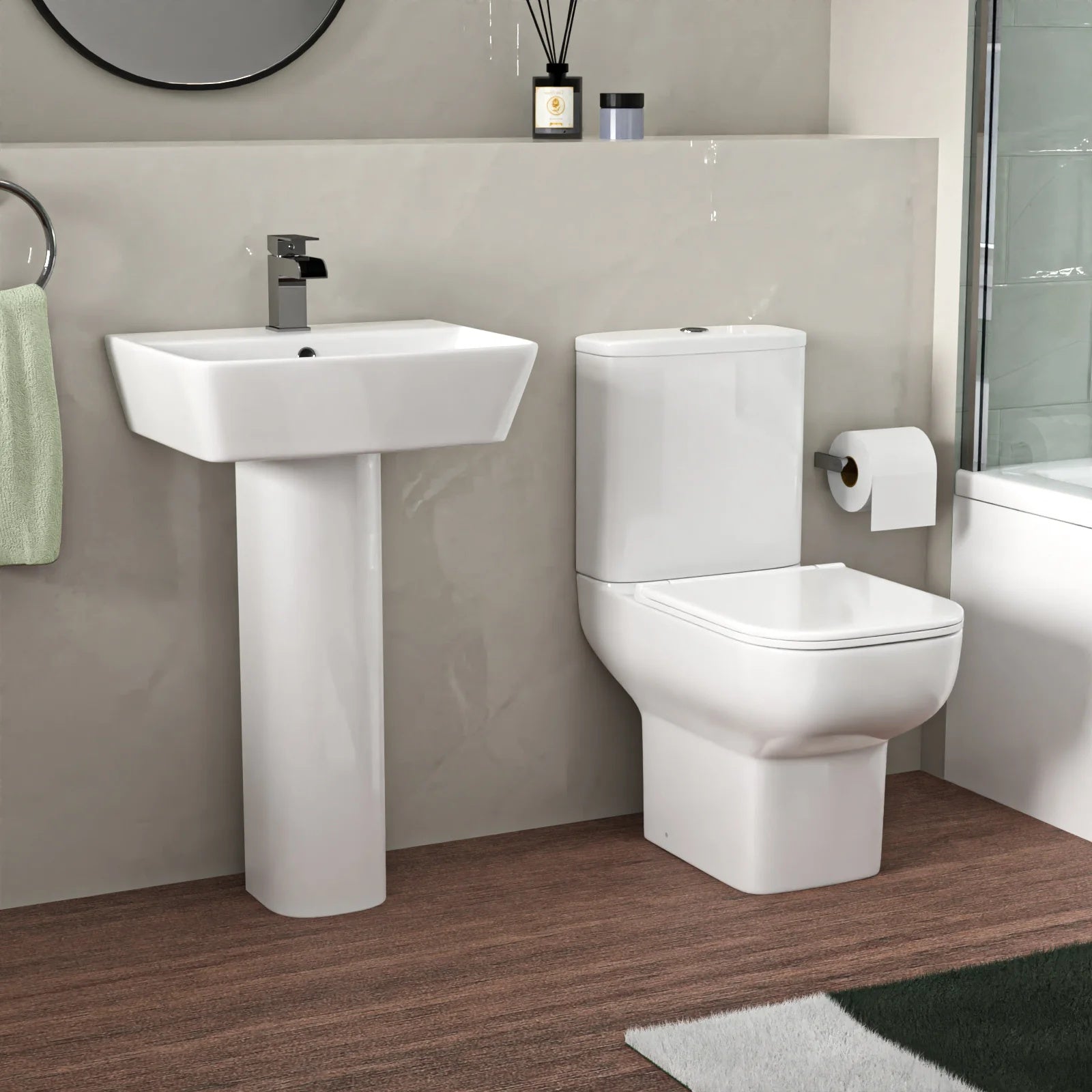 1700mm L-Shaped LH Bath Shower with Front Panel & Screen, 500mm Square Full Pedestal & Toilet - Set with Chrome Fittings