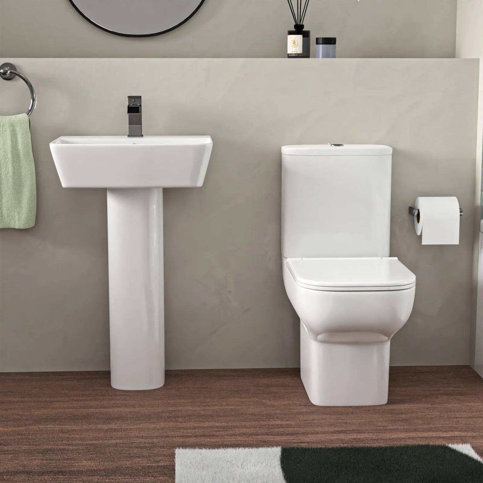 1700mm L-Shaped LH Bath Shower with Front Panel & Screen, 500mm Square Full Pedestal & Toilet - Set with Chrome Fittings