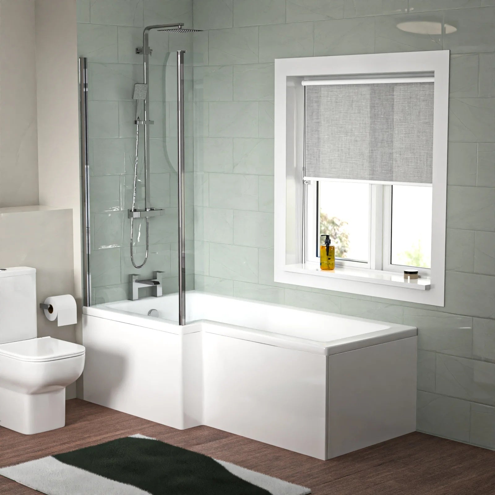 1700mm L-Shaped LH Bath Shower with Front Panel & Screen, 500mm Square Full Pedestal & Toilet - Set with Chrome Fittings