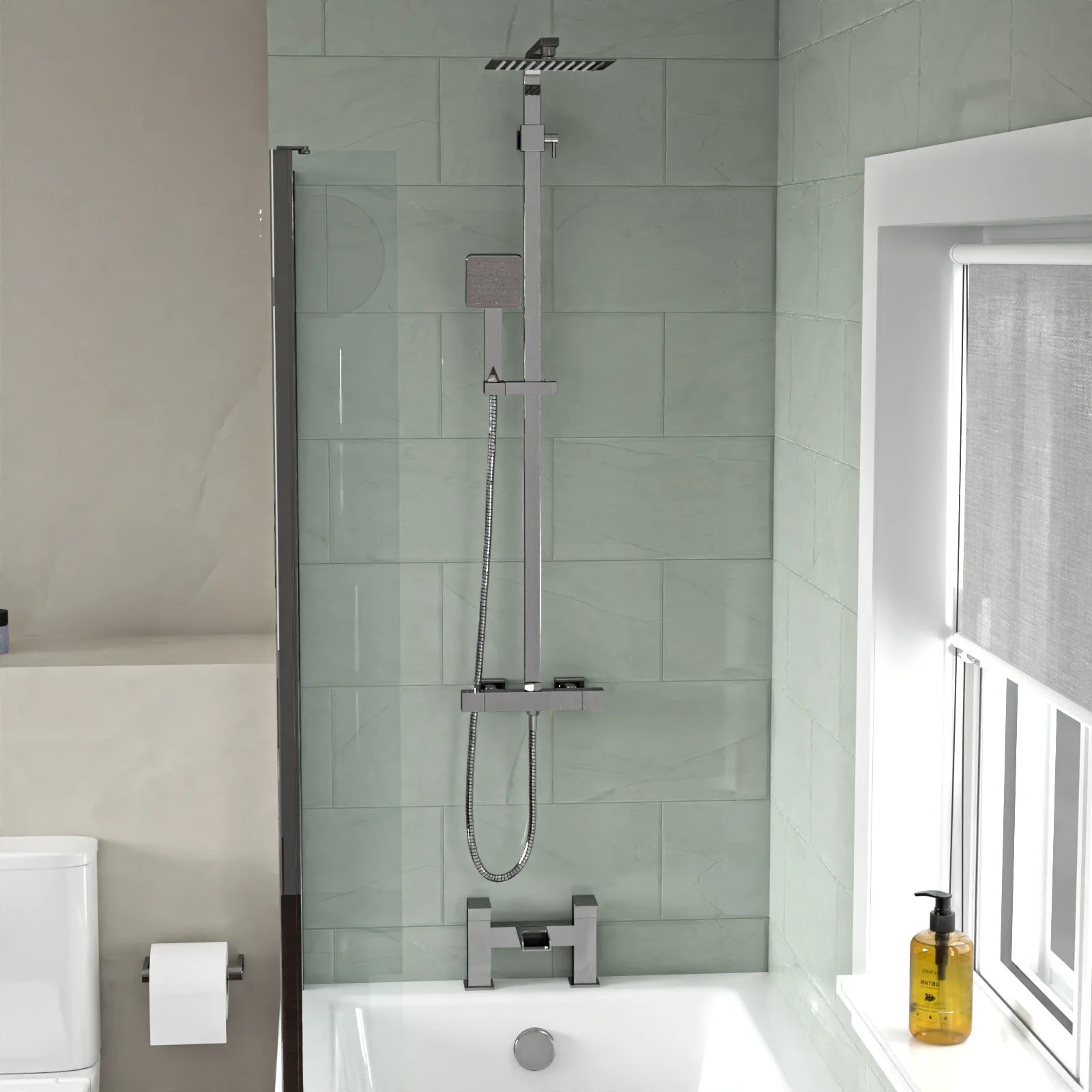 1700mm L-Shaped LH Bath Shower with Front Panel & Screen, 500mm Square Full Pedestal & Toilet - Set with Chrome Fittings