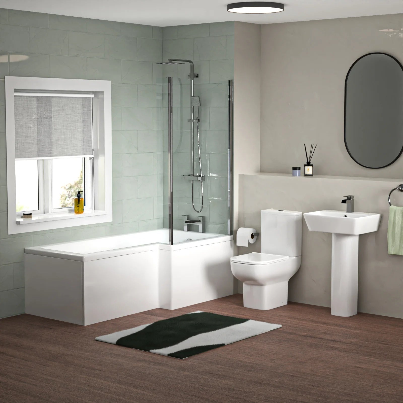 1700mm L-Shaped RH Bath Shower with Front Panel & Screen, 500mm Square Full Pedestal & Toilet - Set with Chrome Fittings