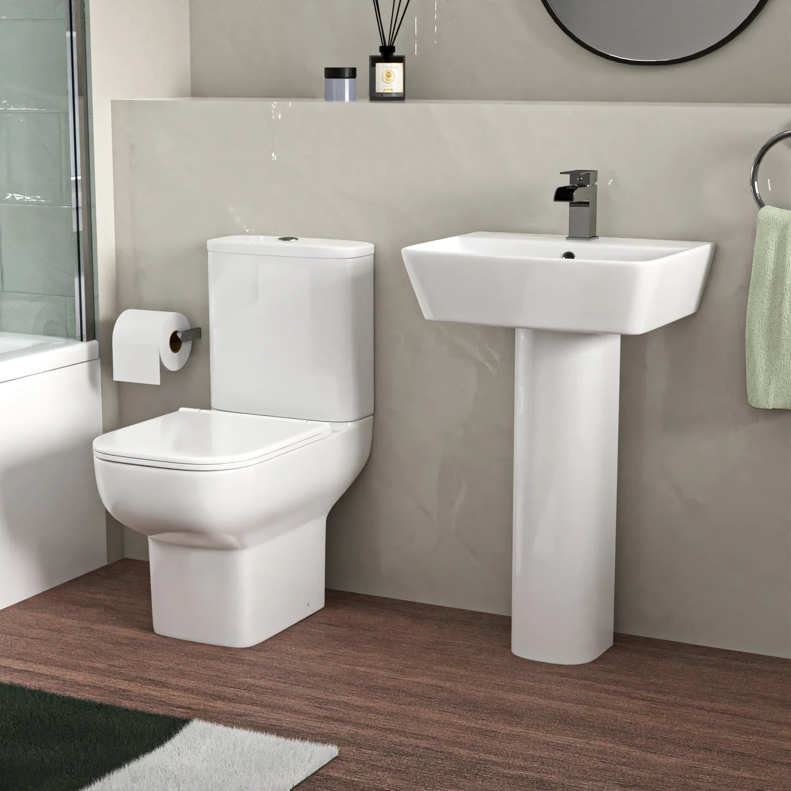 1700mm L-Shaped RH Bath Shower with Front Panel & Screen, 500mm Square Full Pedestal & Toilet - Set with Chrome Fittings