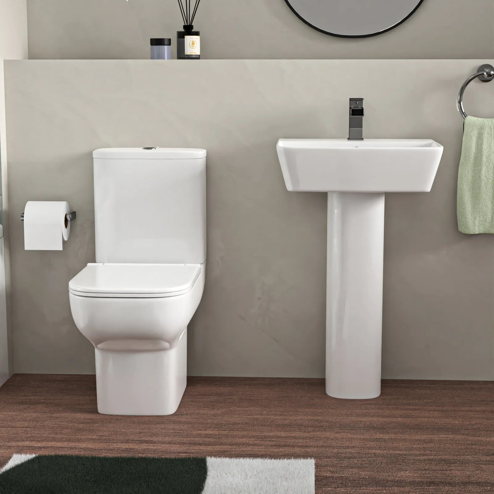 1700mm L-Shaped RH Bath Shower with Front Panel & Screen, 500mm Square Full Pedestal & Toilet - Set with Chrome Fittings