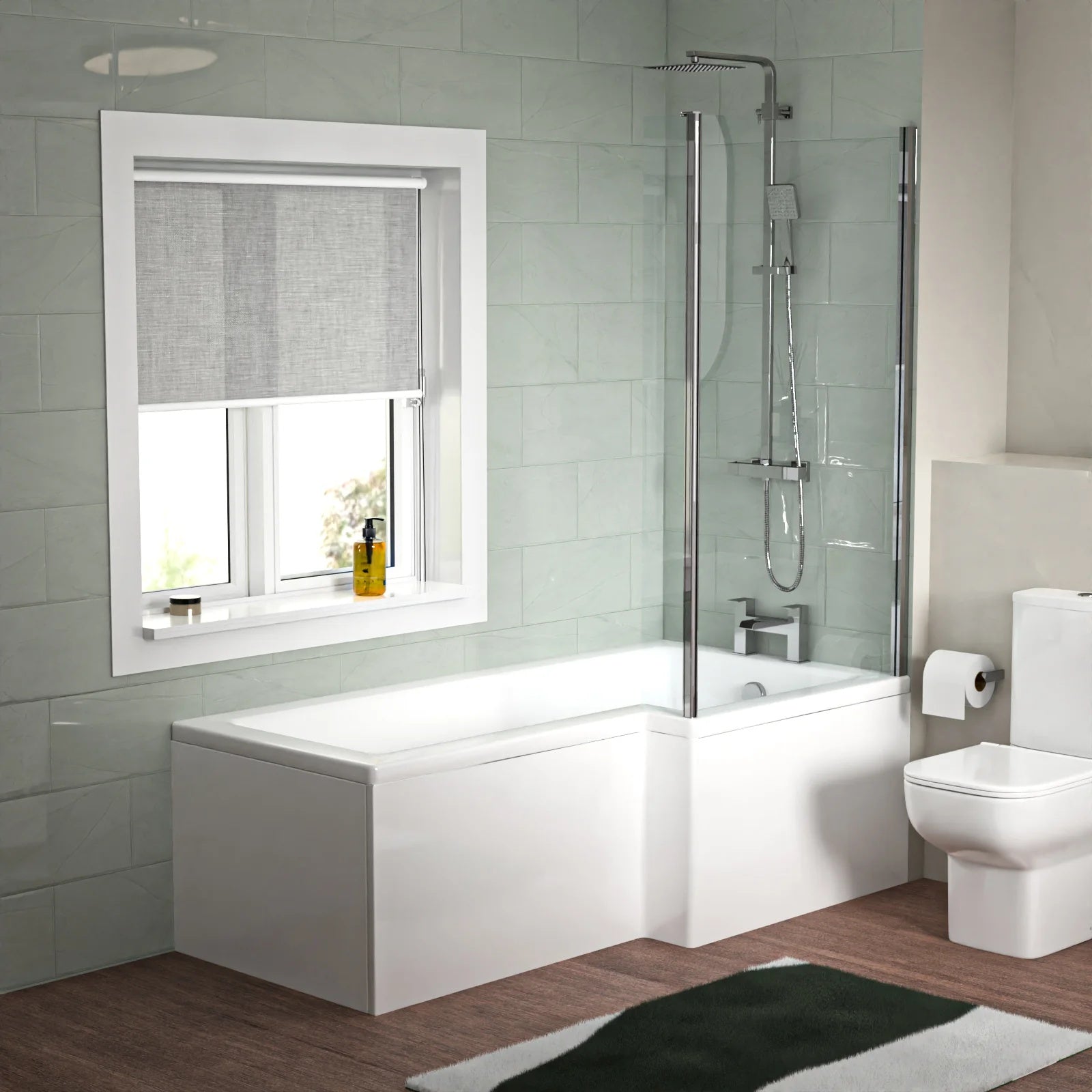 1700mm L-Shaped RH Bath Shower with Front Panel & Screen, 500mm Square Full Pedestal & Toilet - Set with Chrome Fittings