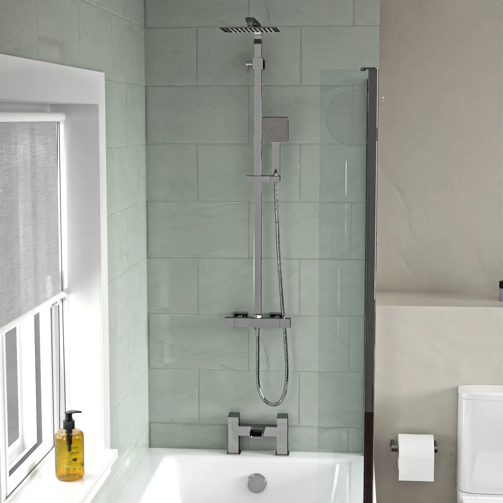 1700mm L-Shaped RH Bath Shower with Front Panel & Screen, 500mm Square Full Pedestal & Toilet - Set with Chrome Fittings