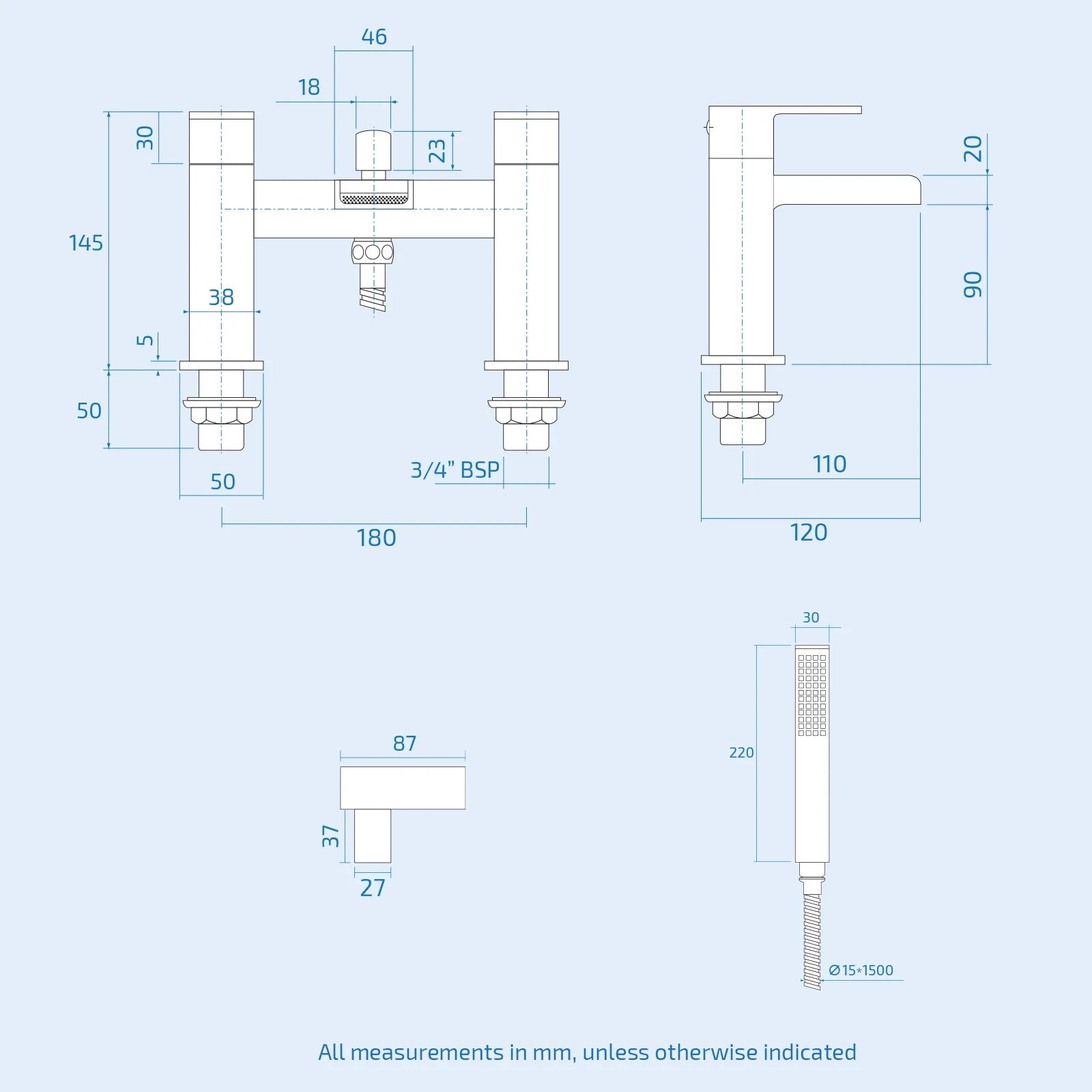 1700mm L-Shaped RH Bath Shower with Front Panel & Screen, 500mm Square Full Pedestal & Toilet - Set with Chrome Fittings