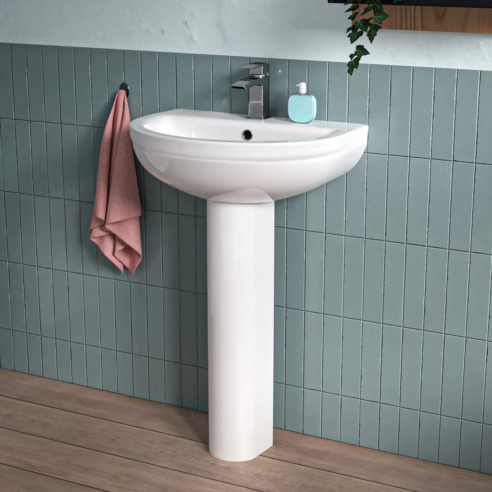 White 550mm Modern Round Edge Full Pedestal Basin