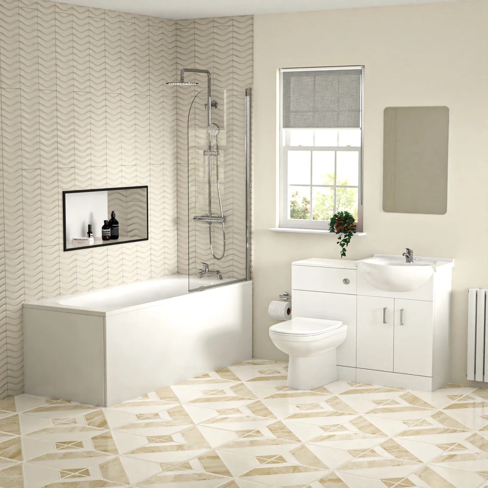 1700mm Bathtub with Front Panel & Screen, 550mm Basin Vanity, WC Unit & Toilet - Set with Chrome Fittings
