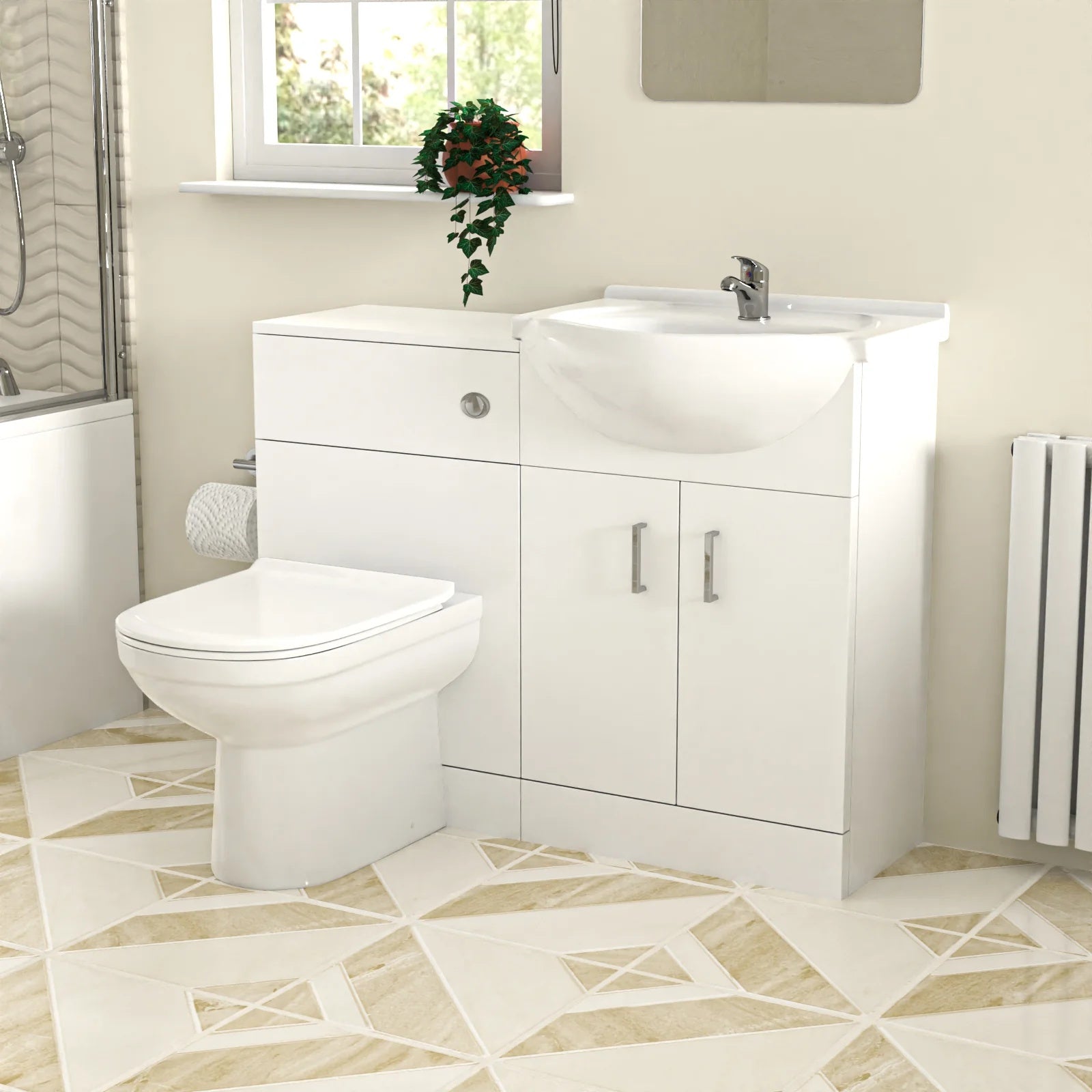 1700mm Bathtub with Front Panel & Screen, 550mm Basin Vanity, WC Unit & Toilet - Set with Chrome Fittings