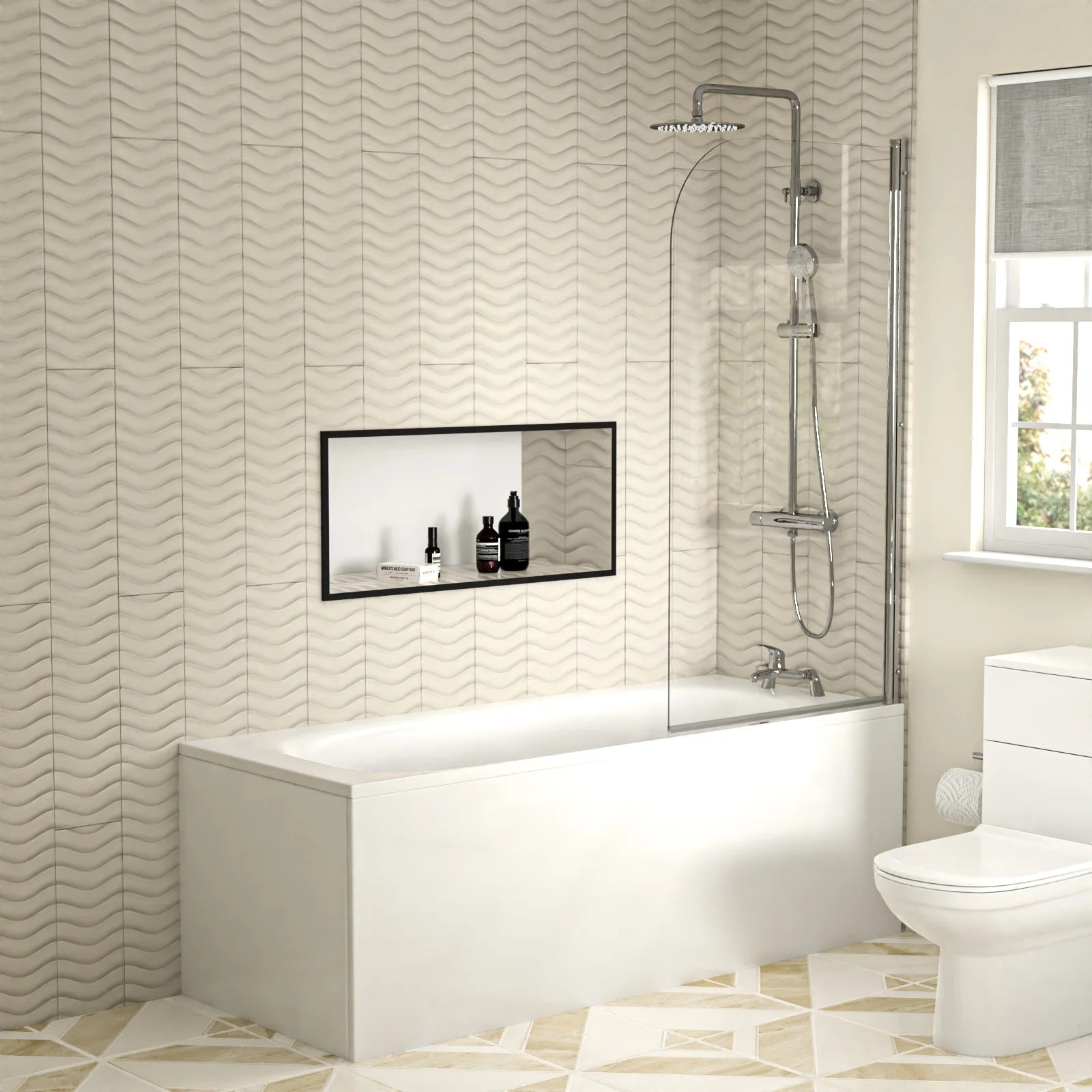1700mm Bathtub with Front Panel & Screen, 550mm Basin Vanity, WC Unit & Toilet - Set with Chrome Fittings