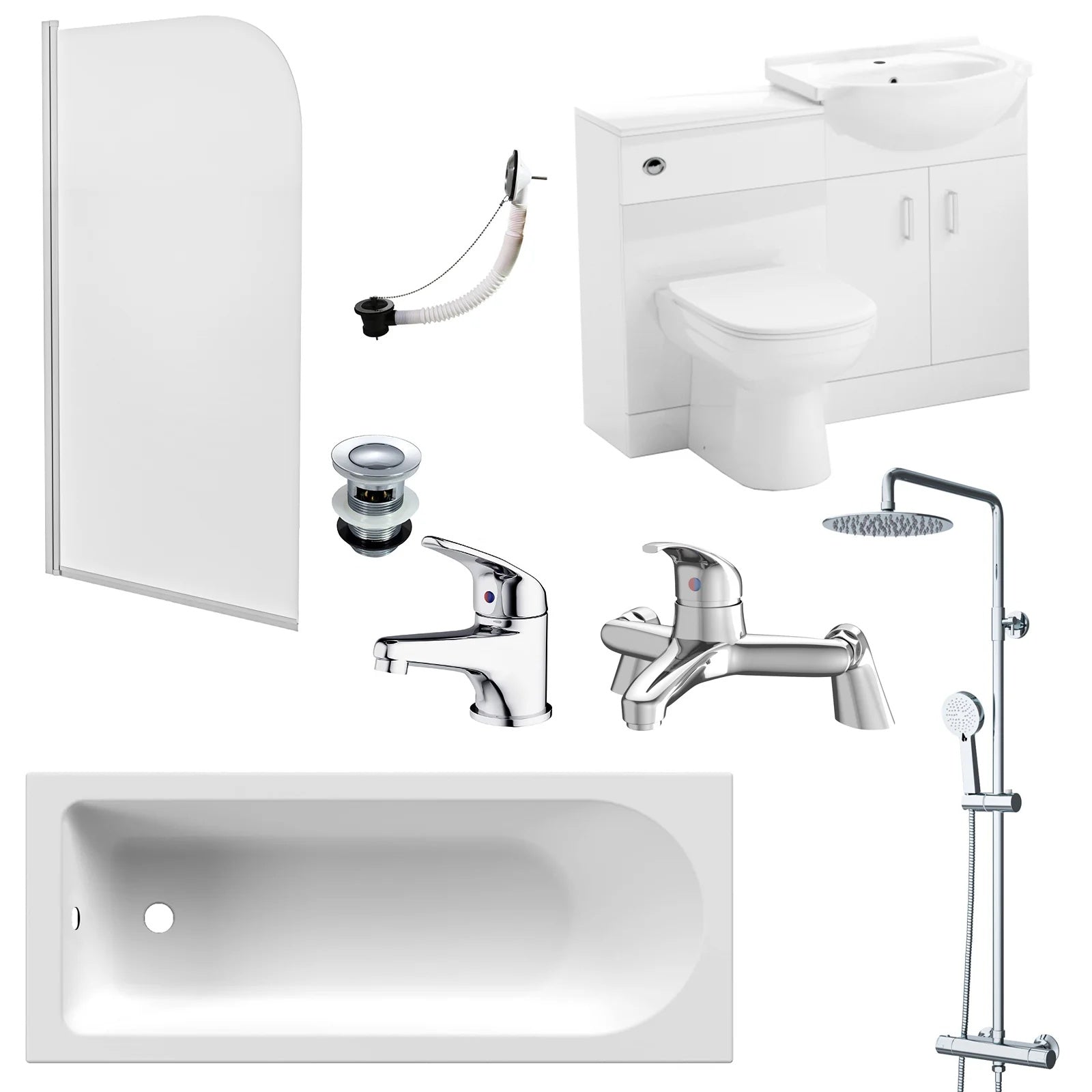 1700mm Bathtub with Front Panel & Screen, 550mm Basin Vanity, WC Unit & Toilet - Set with Chrome Fittings