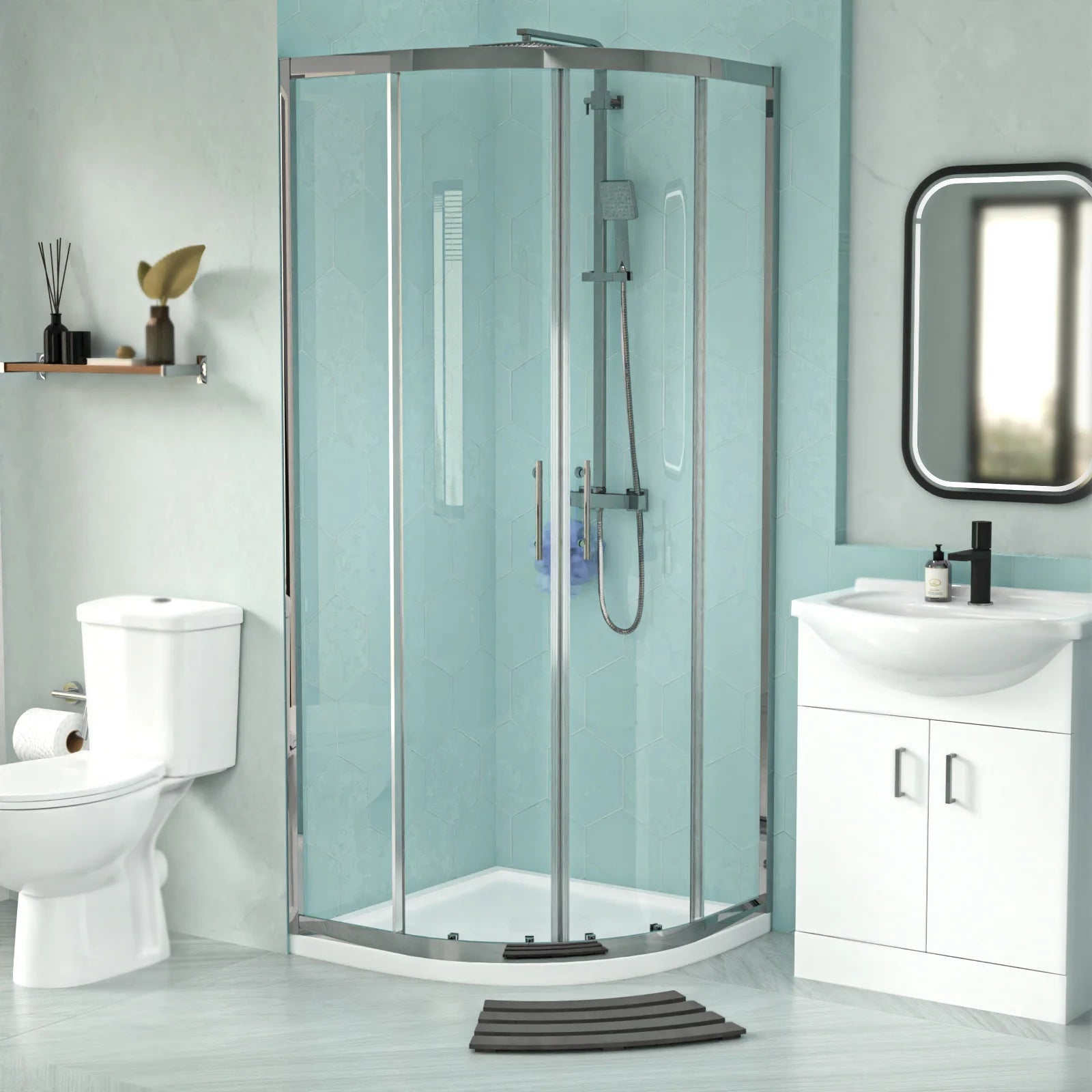 White 650mm Vanity 800mm Quadrant Shower Enclosure Toilet Tray Set