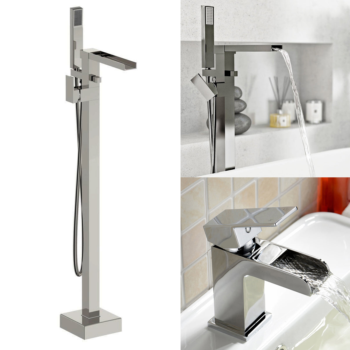 Ozone Modern Freestanding Waterfall Bath Shower Mixer Tap With Handset Kit & Basin Mixer Tap + Waste