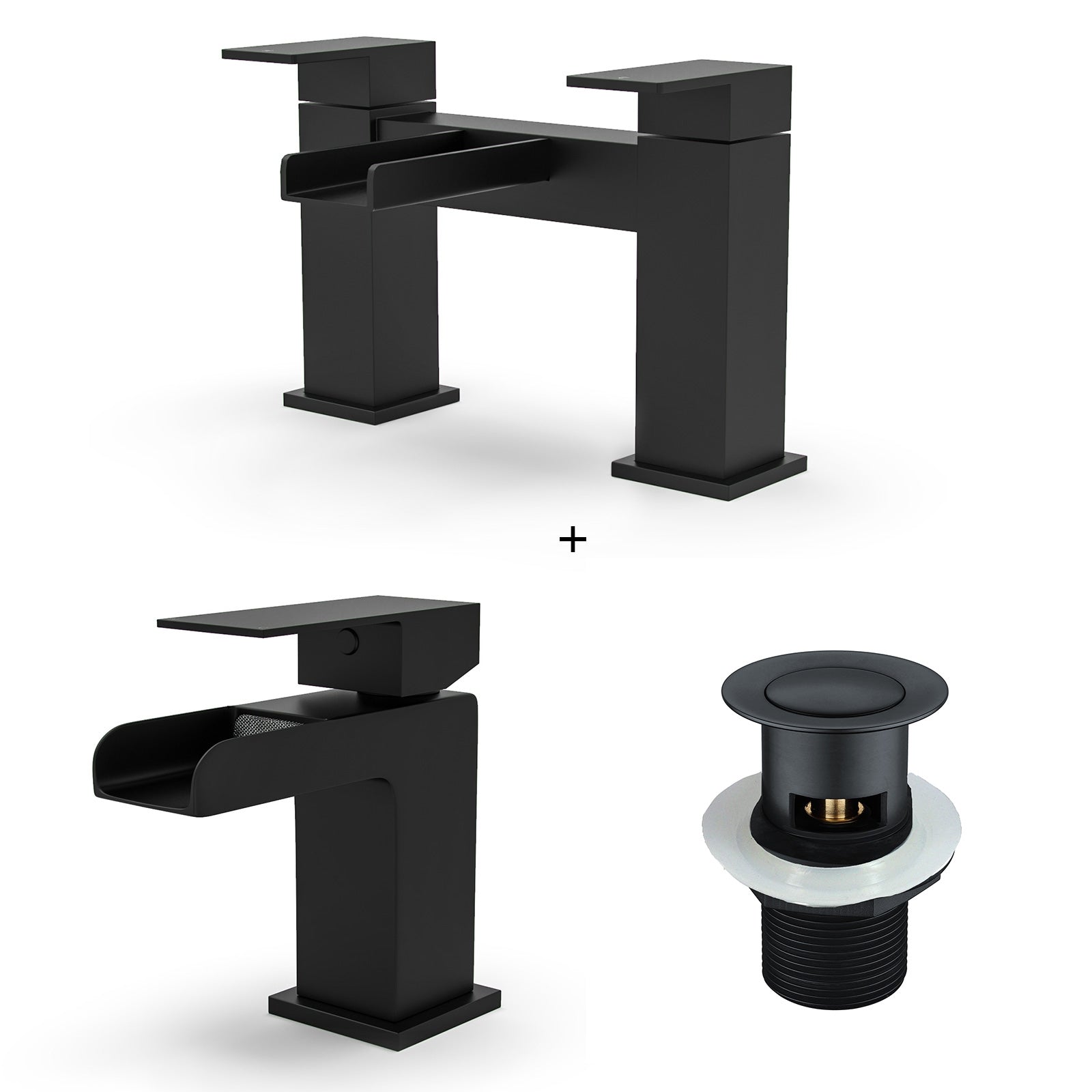 Origin Matte Black Waterfall Basin Mono Tap Bath Filler Handset & Waste
