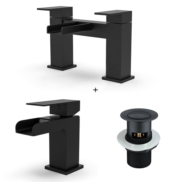 Origin Matte Black Waterfall Basin Mono Tap Bath Filler Handset & Waste